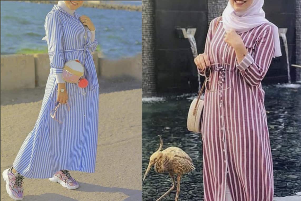 طرق تنسيق الفساتين المخططة بالطول للمحجبات