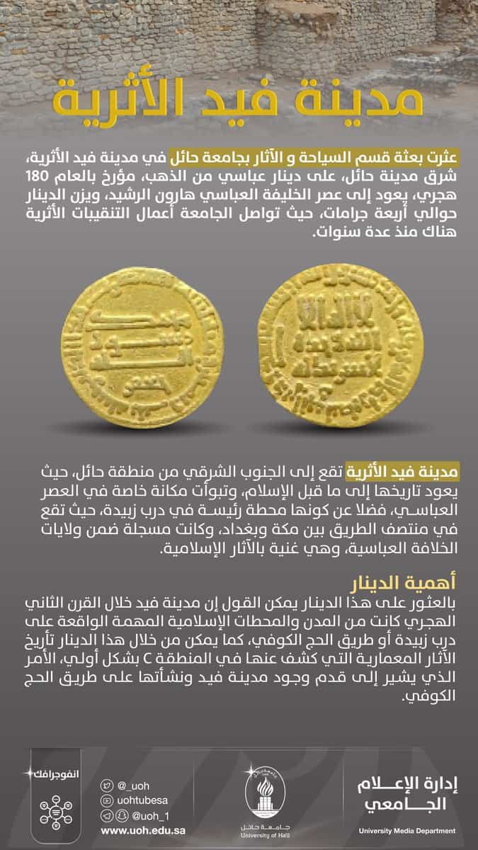 اكتشاف دينار من الذهب يعود لعصر هارون الرشيد