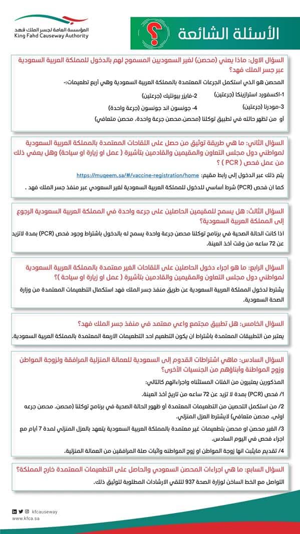 «جسر الملك فهد» يرد على أبرز الأسئلة المتعلقة بالإجراءات الصحية للقادمين للمملكة
