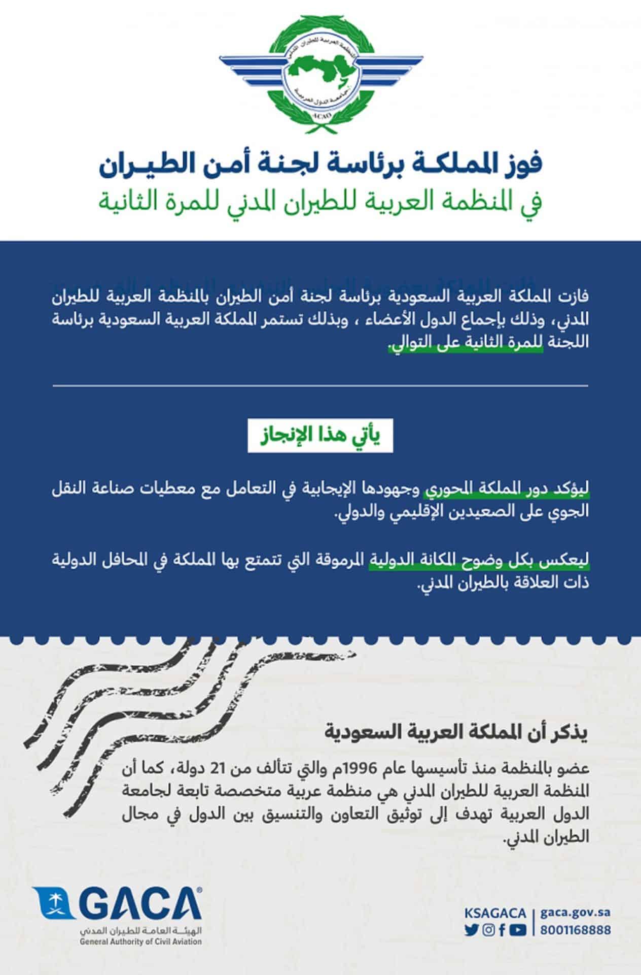 فوز المملكة برئاسة لجنة أمن الطيران بالمنظمة العربية للطيران المدني