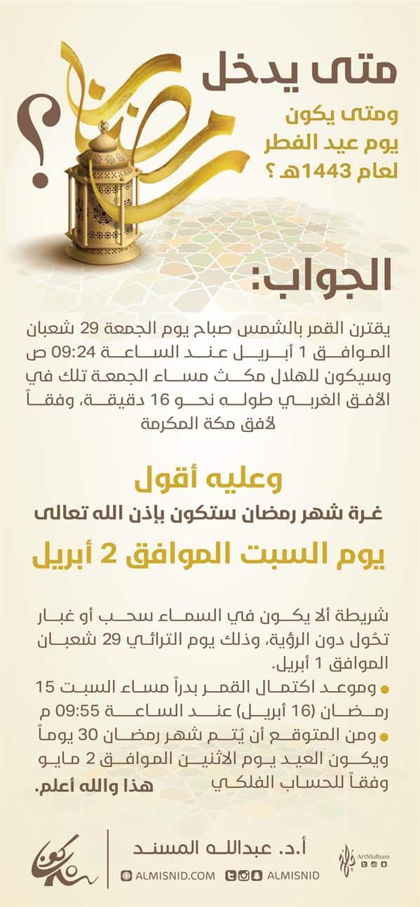 تعرف على موعد غرة شهر رمضان لعام 1443 هـ و أول أيام عيد الفطر