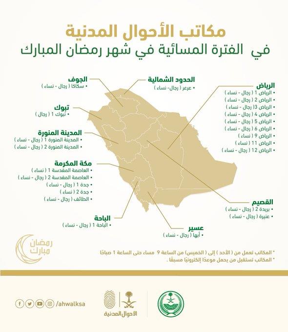 «الأحوال المدنية» تعلن تقديم خدماتها بالفترة المسائية في شهر رمضان