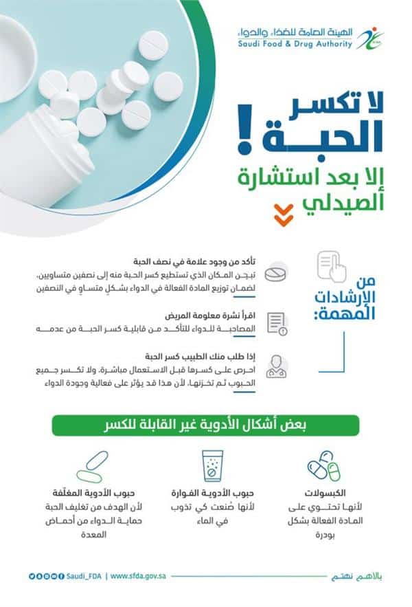 «الغذاء والدواء» تنصح بضرورة استشارة الصيدلي قبل كسر حبوب الأدوية
