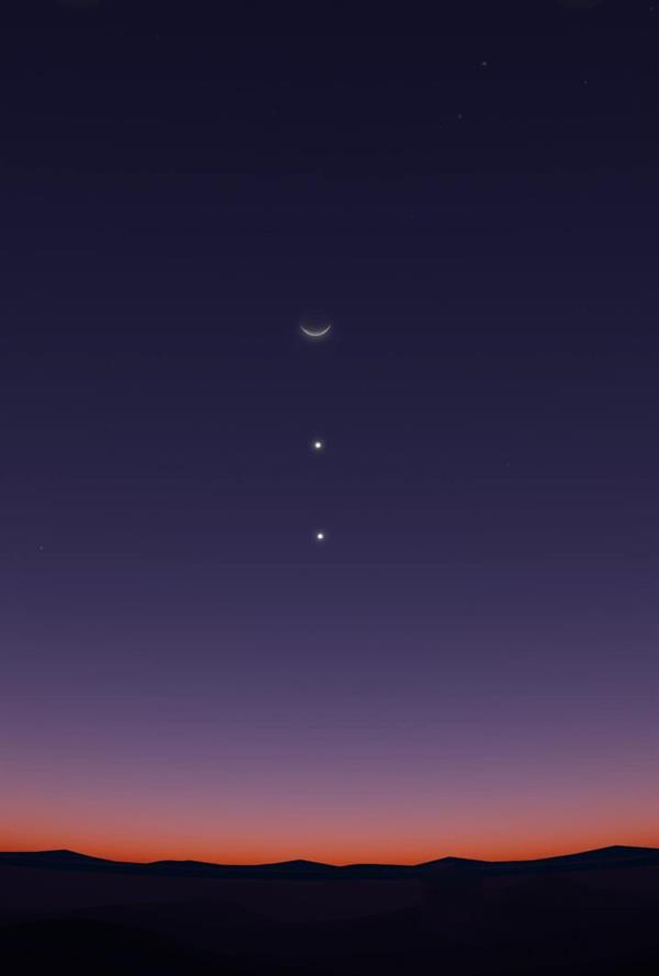 مساء اليوم.. اصطفاف هلال القمر وكوكبي المشتري والزهرة