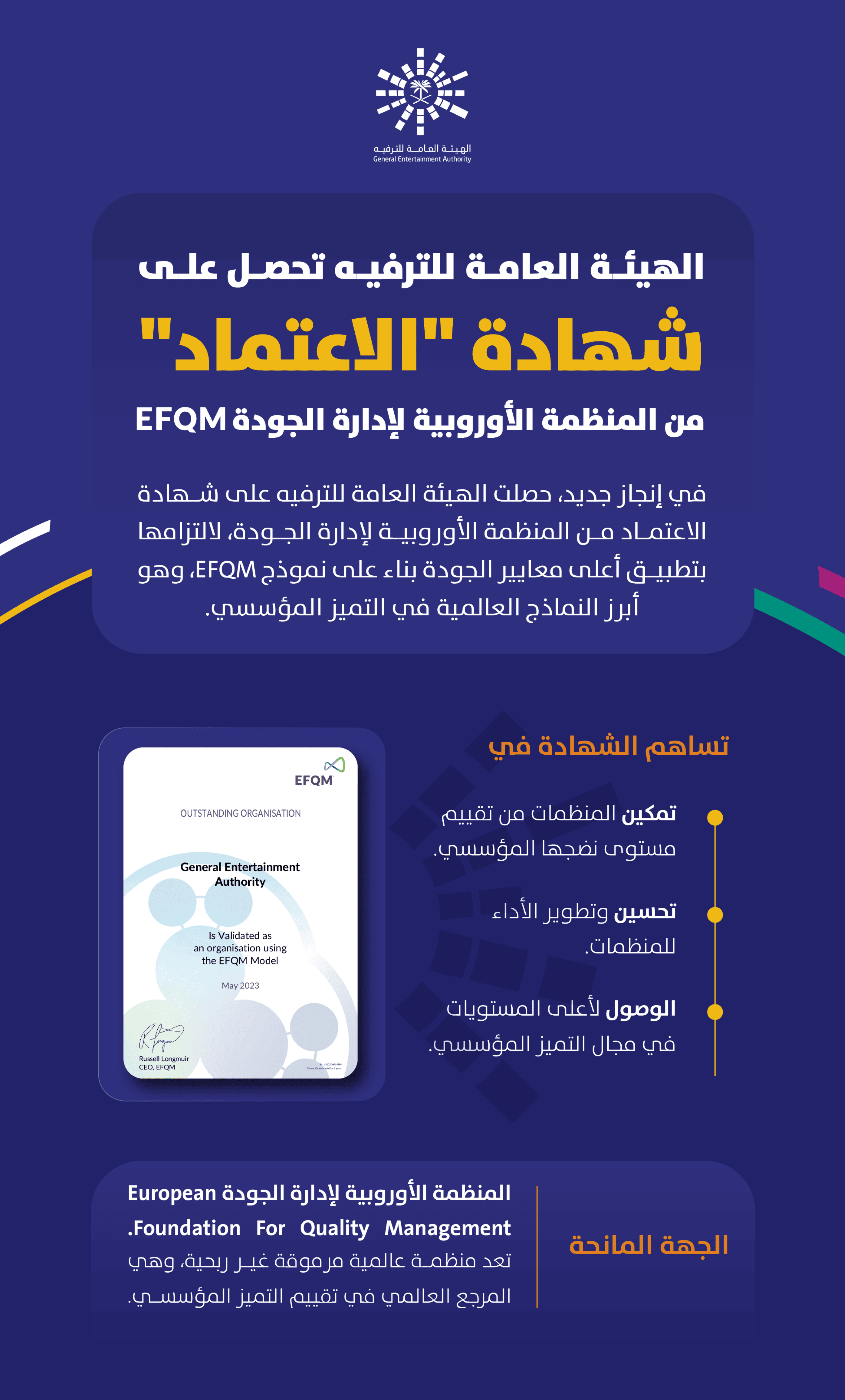 «الترفيه» تحصل على شهادة الاعتماد من المنظمة الأوروبية لإدارة الجودة