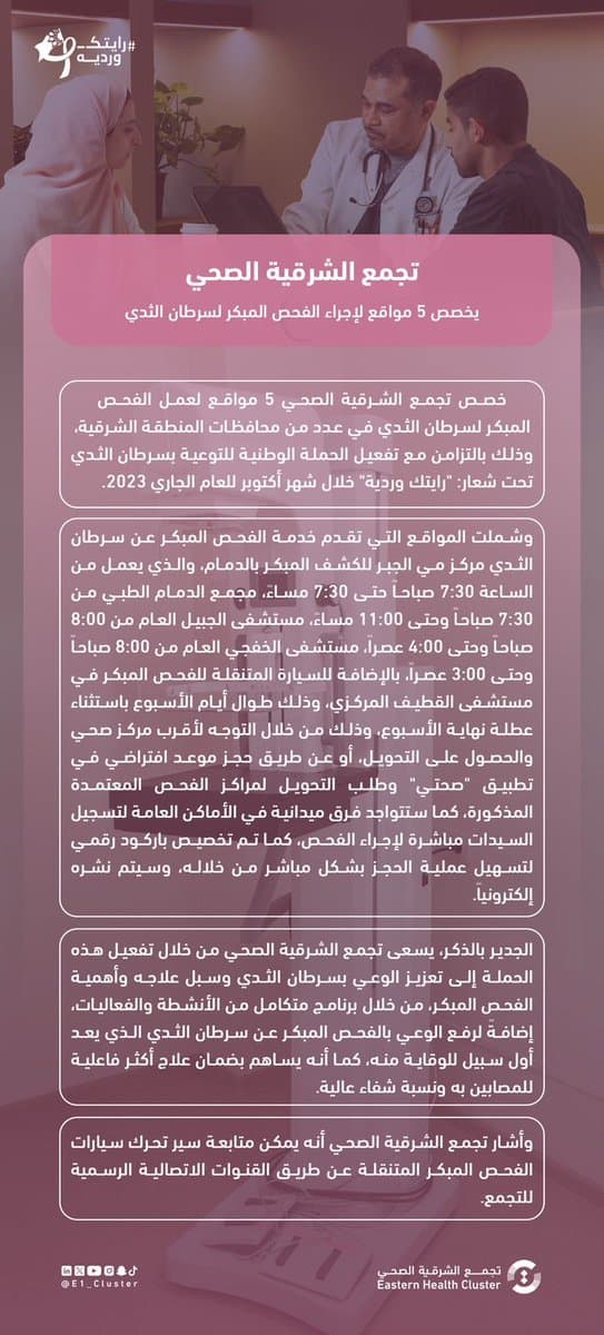 تعرف على مواقع الفحص المبكر لسرطان الثدي.. بالتزامن مع الحملة الوطنية للتوعية 2023