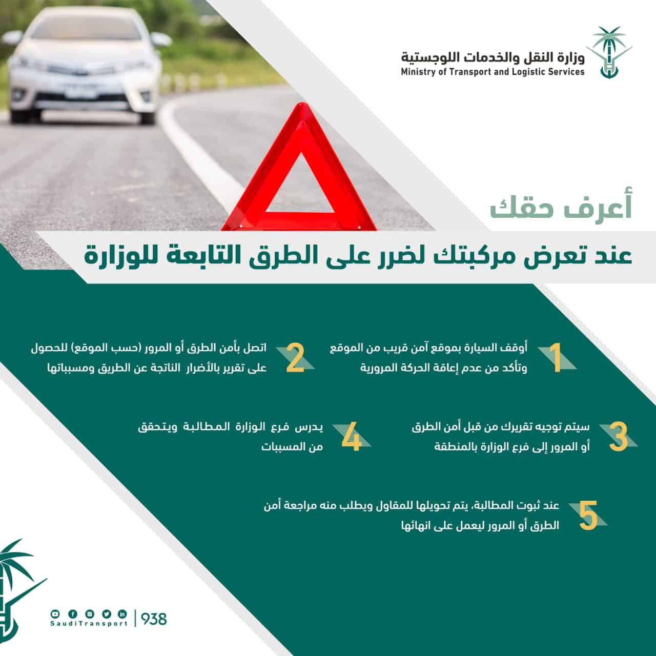 وزارة النقل تحدد 5 خطوات للاعتراض في حال تعرض المركبة للضرر على الطرق التابعة لها
